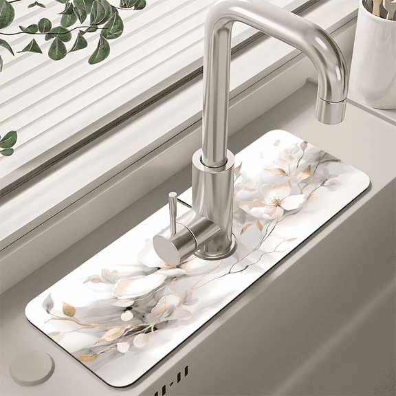Elegant Marble Flower Design Sink Splash Guard & Drying Mat - Quick-Dry, Non-Slip Natural Rubber, Customizable Fit for Kitchen & Bathroom Sinks, Ideal Housewarming Gift