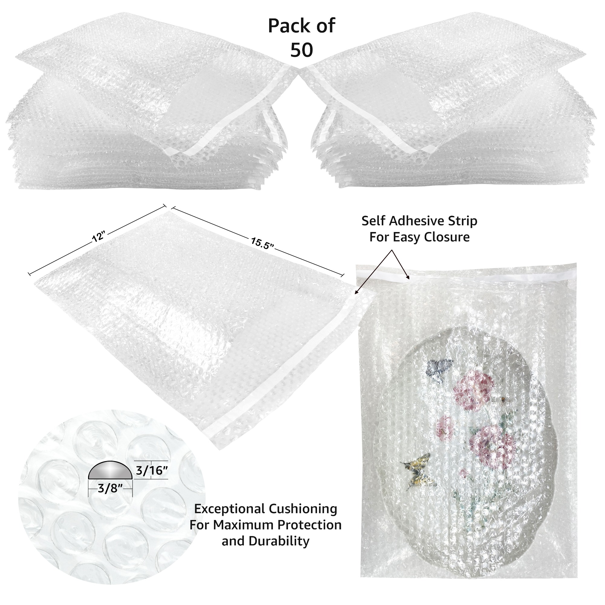 UOFFICE 50 Bubble Out Bags 12x15.5" Wrap Pouches Envelopes Self-Sealing