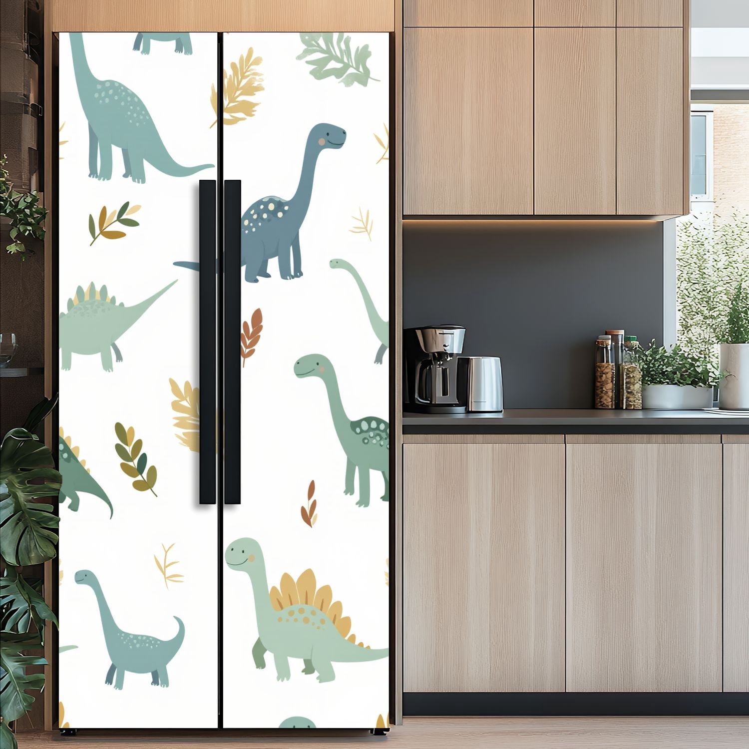 Self Adhesive Vinyl Refrigerator Wrap Set Cute Dinosaurs Foliage Door Mural Removable Fridge Sticker Peel and Stick&nbsp;Full Door Cover Decal Kitchen Bar Decor