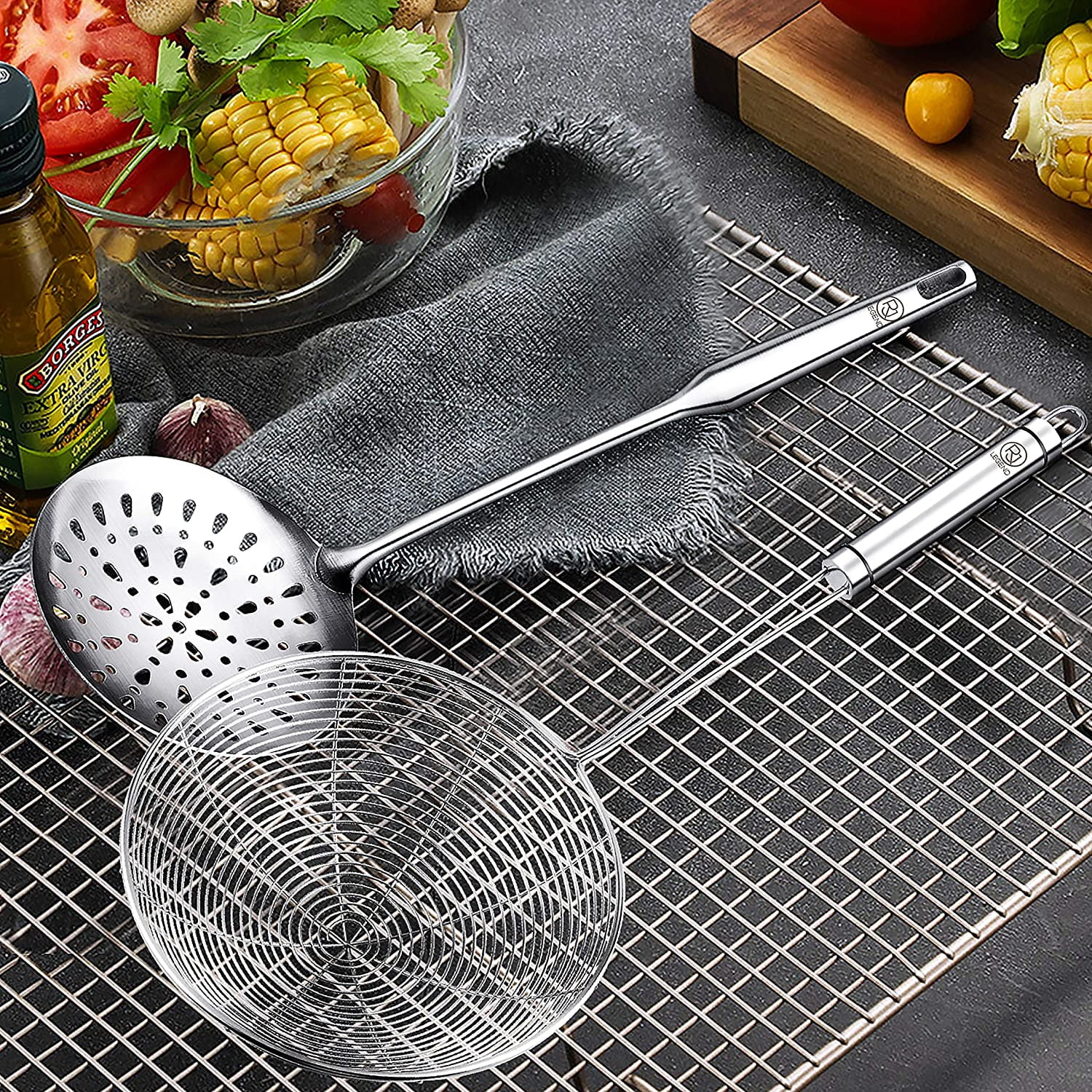 RJ Legend Large Slotted Spoon, Stainless Steel – Perfect Fry Ladle, Skimmer & Strainer, Multi-Use Slot Spoon – Oil Skimmer – Wok Skimmer Ladle, 304 Stainless Steel, Extraordinary Heat Resistance