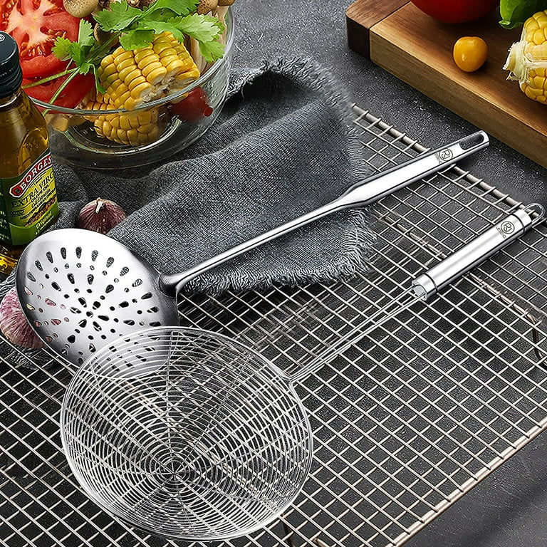 RJ Legend Stainless Steel Micro-Perforated Skimmer Strainer, Pasta Noodle Net Basket with Wooden Handle, 2 Pieces Kitchen Utensil Set - 6.4-inch and 8