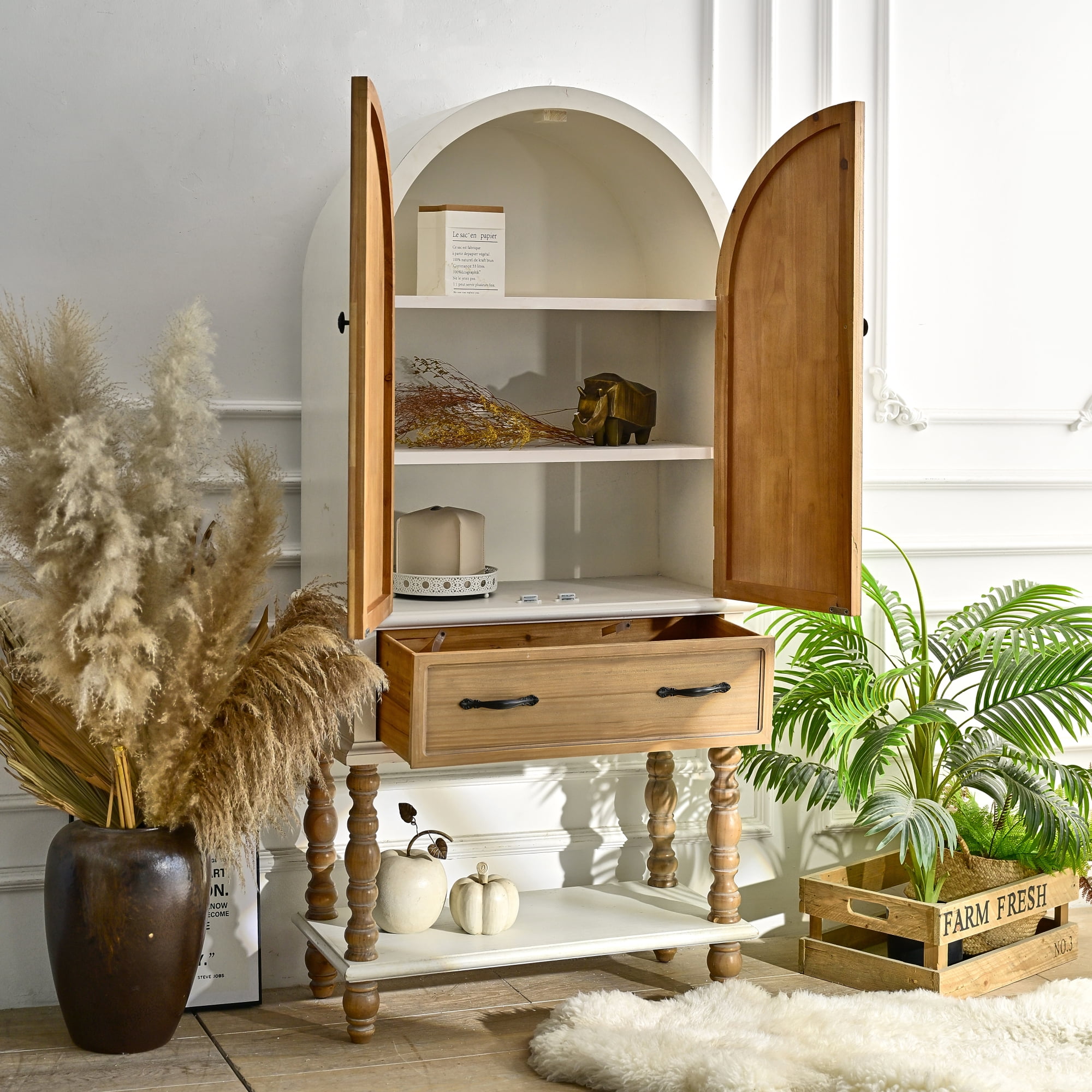 Leumius 31.50" Arched Flower Carved Door Accent Sideboard Cabinet with 1 Drawer and Shelf, Wooden Cabinet for Kitchen, Dining Room, Living Room