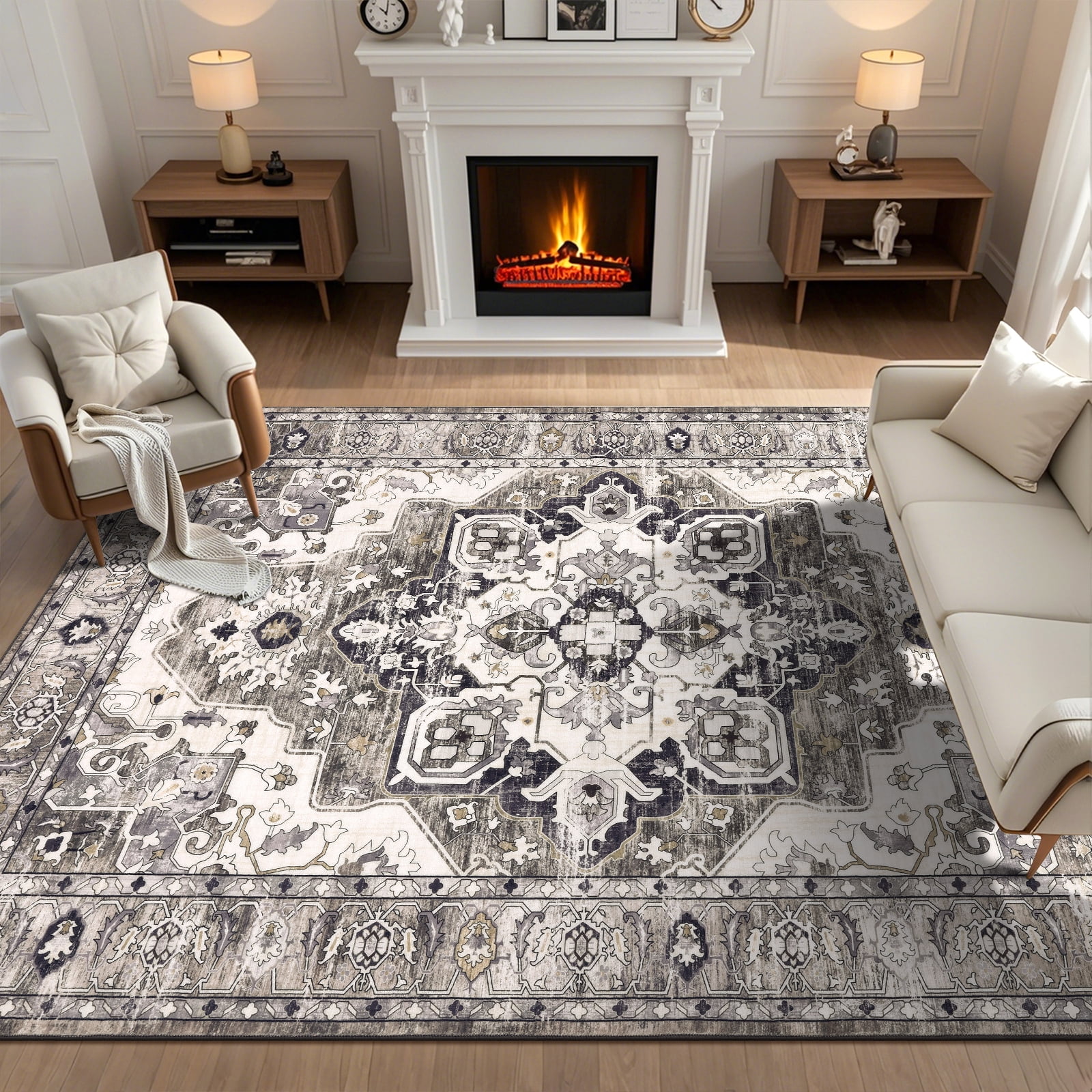 Ileading 5'x8' Boho Area Rug for Living Room, Non Slip Machine Washable Rugs Vintage Floor Carpet for Bedroom Dinning Room Kitchen, Brown
