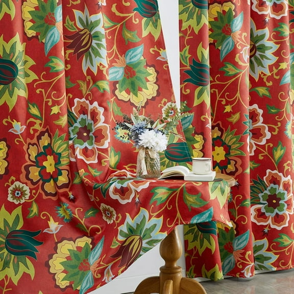 Boho Floral Blackout Curtains 84 Inch Length 2 Panels Set, Country Vintage Farmhouse Rustic Curtain Drapes for Dining Living Room Thermal Insulated Rod Pocket Tribal Window Curtains Rusty Red