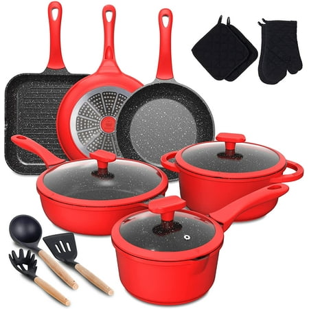 

imarku | 16-Piece Aluminum Cookware Sets Pots and Pans Set Nonstick Granite Coating - Red