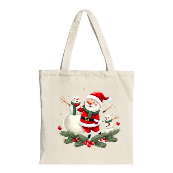 Festive Santa & Snowmen Canvas Tote Bag - Multifunctional Reusable Shopping Bag for Parties Travel & Holiday Shopping