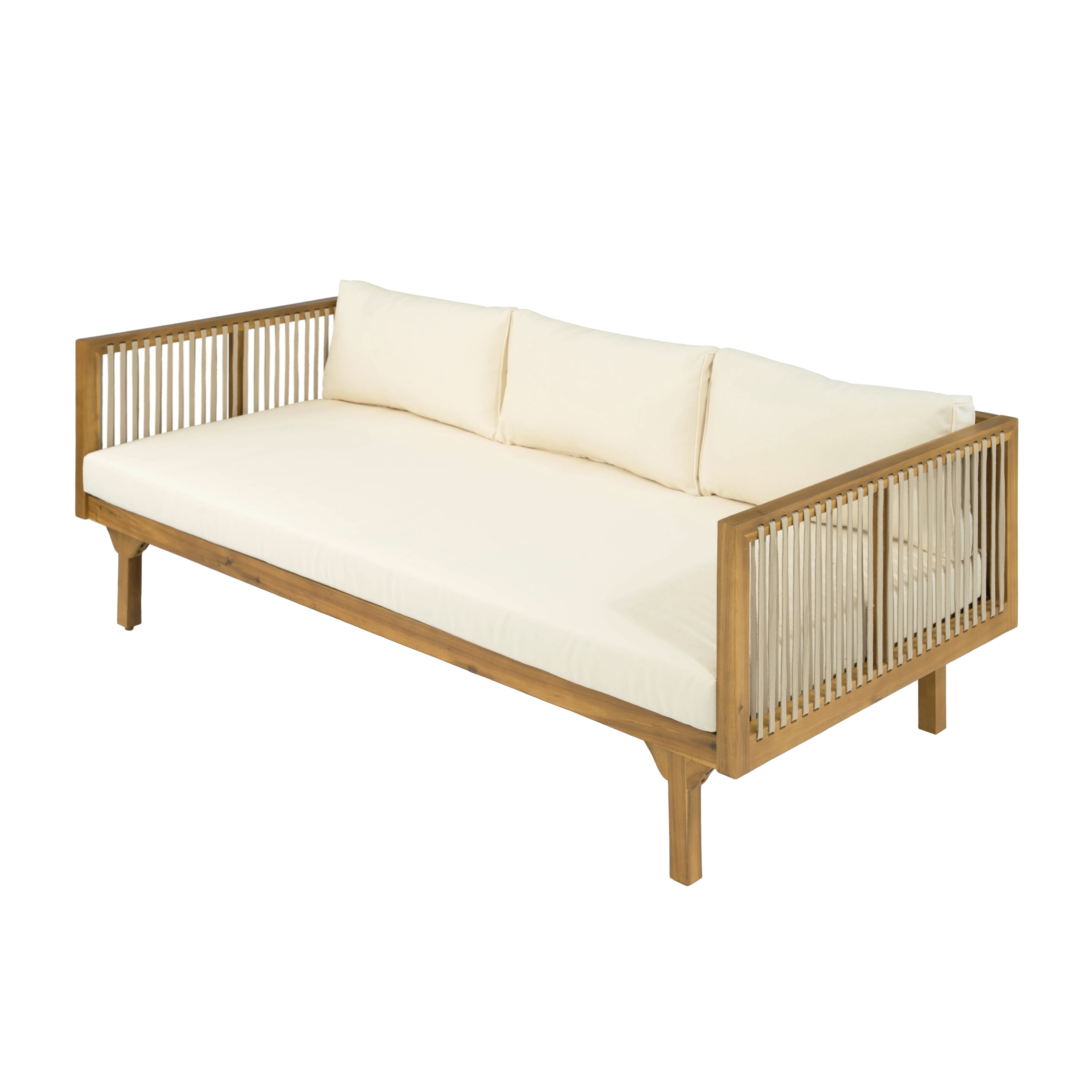 Patio Sofa, Outdoor Beige Cushions Sofa with Light Brown Rope Acacia Wood for Garden Deck, Teak