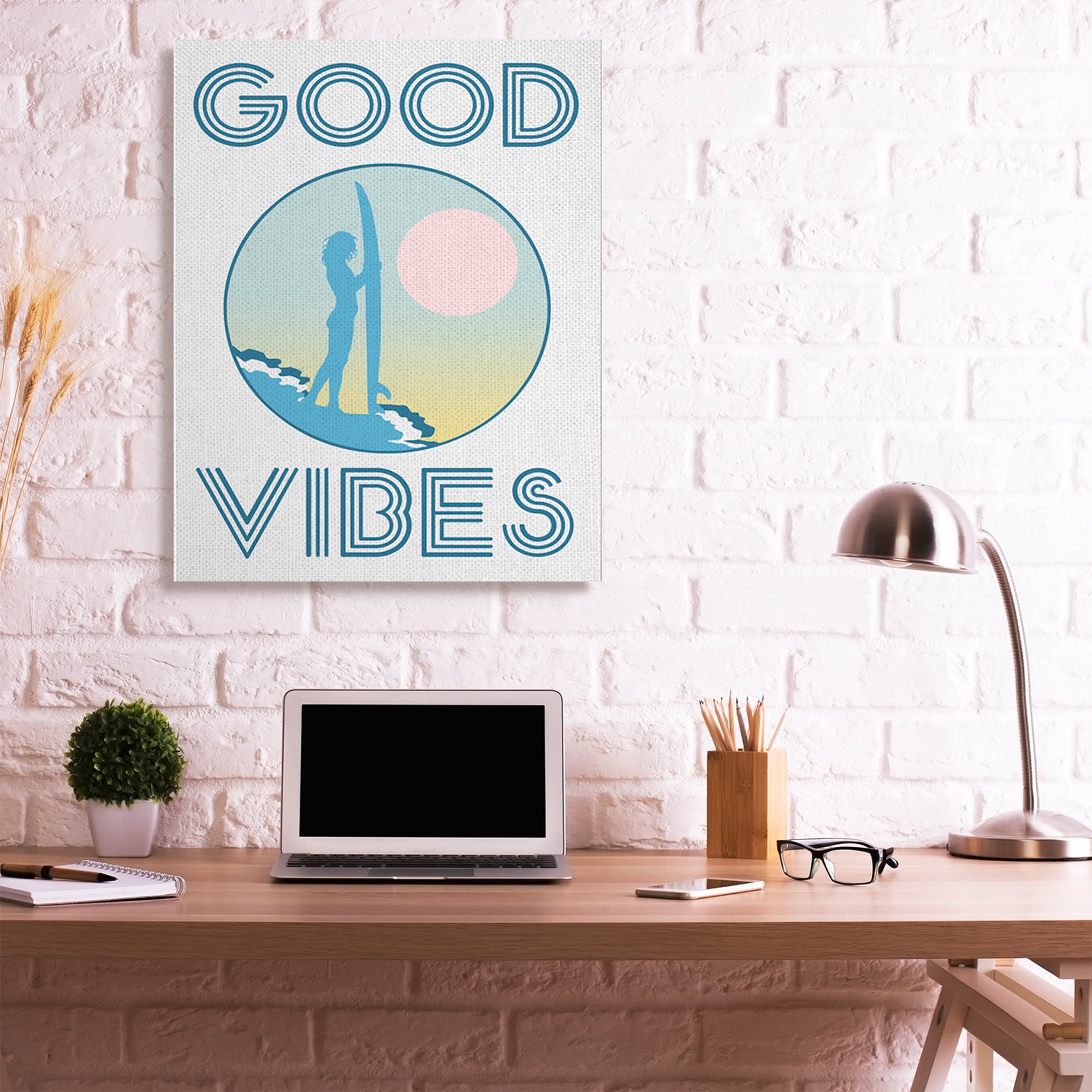 Stupell Industries Good Vibes Text Blue Surfer Chick Sunset Canvas Wall Art by Daphne Polselli