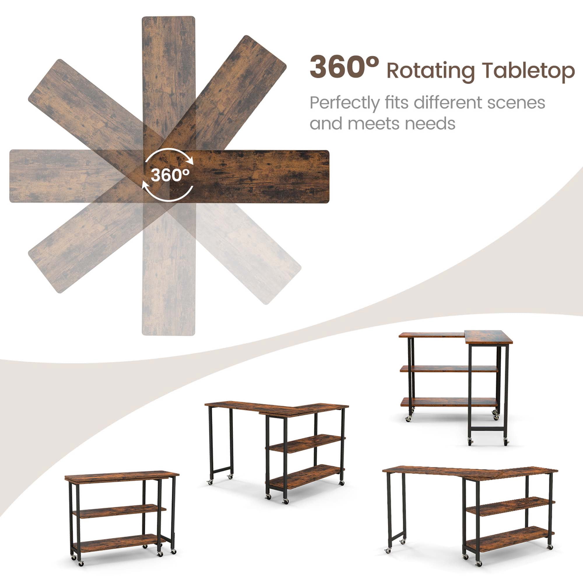 Costway 360° Rotatable Sofa Side Table L-shaped Laptop Desk Snack Table with 2-Tier Shelf Patented Rustic Brown