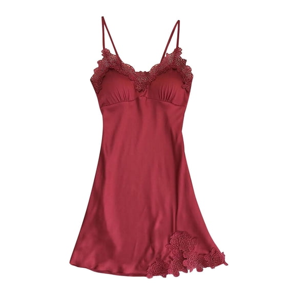 Nfurl Lingerie for Women Camisole Nightgowns Elegant Lace Trim Spaghetti Strap Nightgown Built in Bra Casual Sleeveless Night Gowns Wine,S