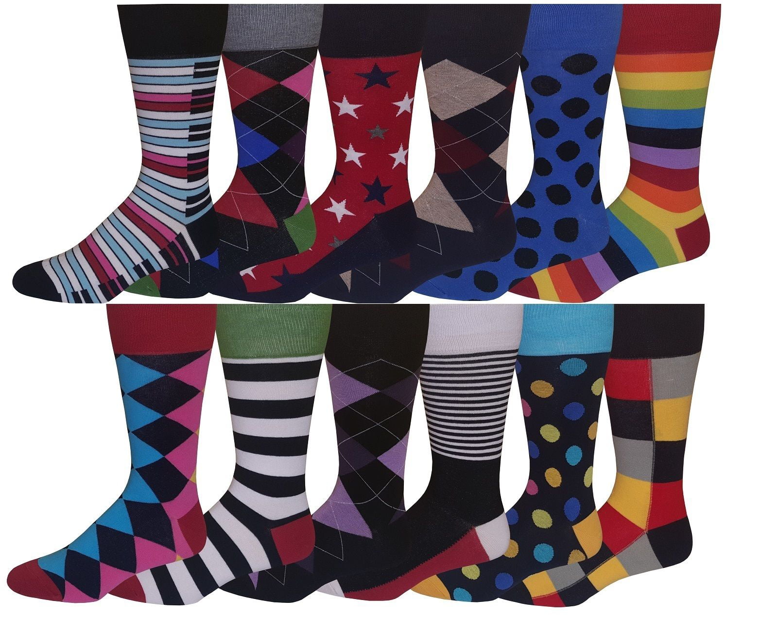 12 Pairs Men's Colorful Funky Design Fashion Premium Cotton Dress Socks