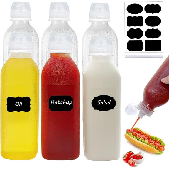 Condiment Squeeze Bottles,6 Pack Squeeze Bottles for Sauces, Ketchup Salad Dressing Container, 17oz Plastic Bottles with Squeeze Top for Liquids, BBQ Sauce, Oil