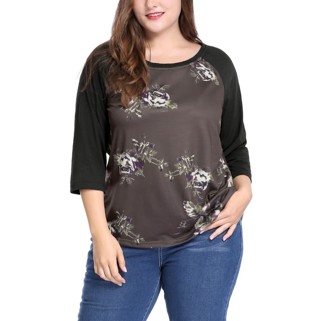 GRACE & GRANDEUR Women's Plus 3/4 Sleeve Floral Workout Winter Tops