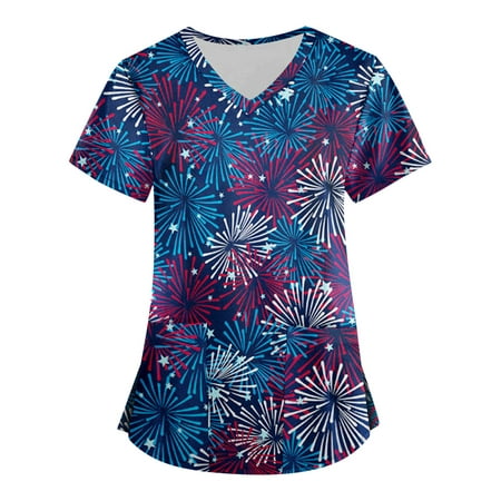 

Sksloeg Scrub Tops for Women American USA Flag Print Nurse Uniforms for Women Short Sleeve V-Neck Shirts Tee Tops with Pockets Blue S