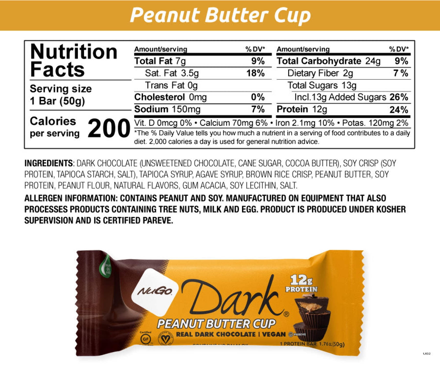 NuGo Dark Peanut Butter Cup, 12g Protein, Vegan, Gluten Free, Kosher Pareve, 24 Count