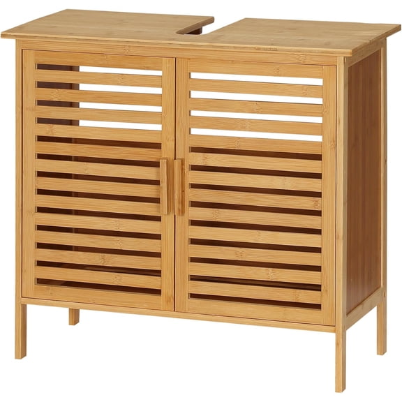 HarmonyStrings Under Sink Cabinet, Bamboo Bathroom Vanity Cabinet with 2 Slat Doors, Freestanding Bathroom Sink Cabinet, Natural