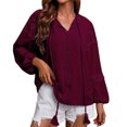 thumbnail image 1 of Moda mujer Casual cuello en V manga larga Color sólido encaje costura camiseta Top pulóver blusa Pompotops  qwe24446, 1 of 5