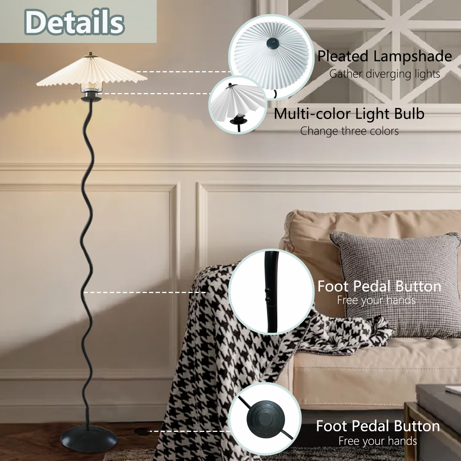 Pleated Floor Lamp, Classic Fabric Shade Standing Lamp for Living Room & Bedroom