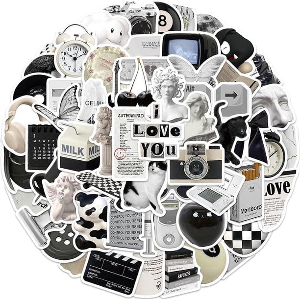 Stickers Aesthetic Stickers for Laptop Scrapbook Water Bottles,Black and White Stickers 61PCS Y2K Retro Stickers for Teens Vinyl Waterproof Decals