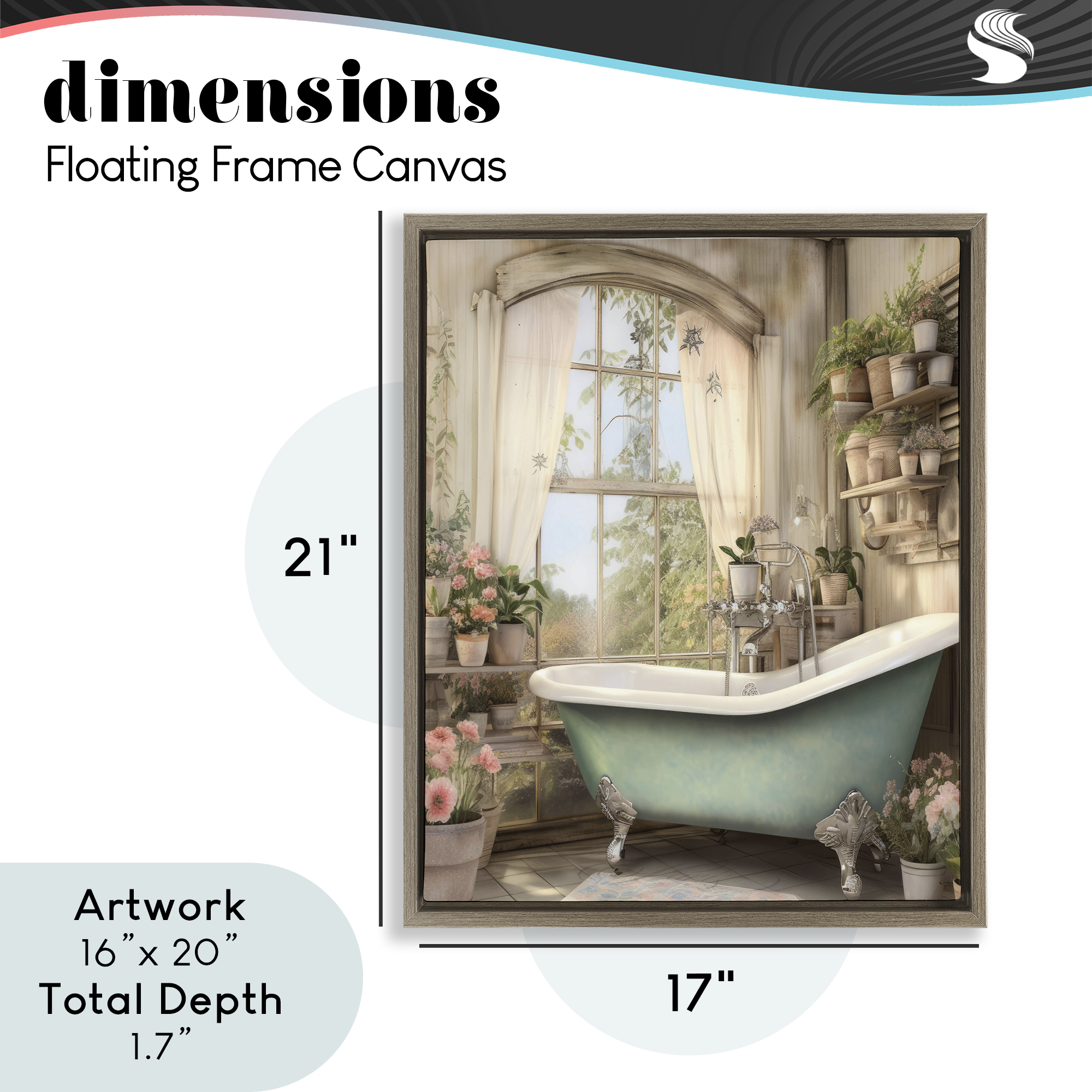 Bathroom with Floral Filled Shelves Brown Framed Floater Canvas Wall Art, design by Lettered and Lined