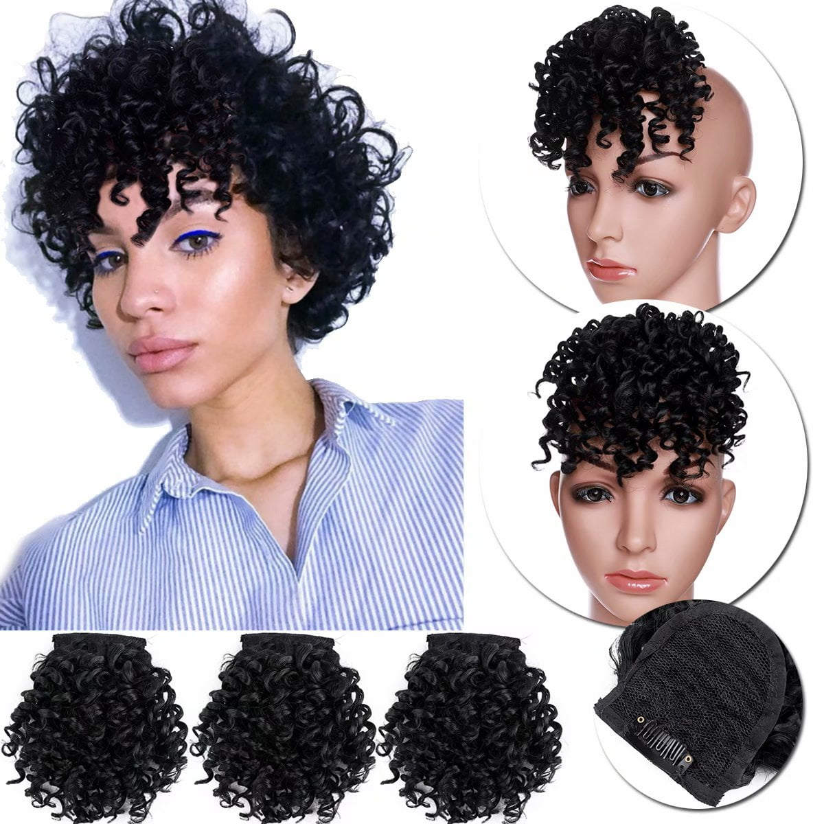 SEGO Thick Kinky Curly Hair Bangs Clip in Hairpiece Front Fringe Synthetic  Clip in Hair Extensions 