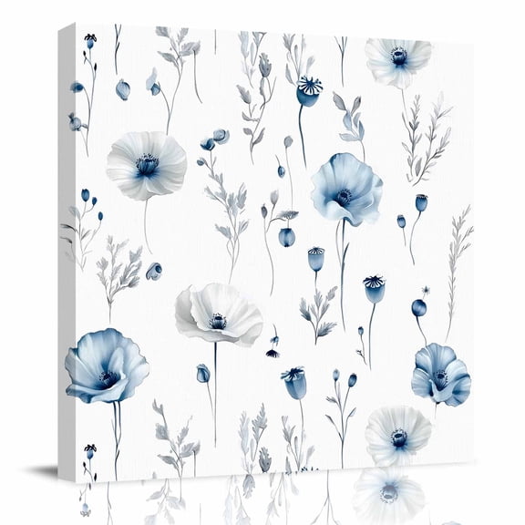 Canvas Print Wall Art Oil Paintings Pastoral Blue Gray Poppy Flower Picture Prints Artwork for Living Room Kitchen Bathroom Bedroom,Stretched and Framed Ready to Hang,Farm Floral Plant on White