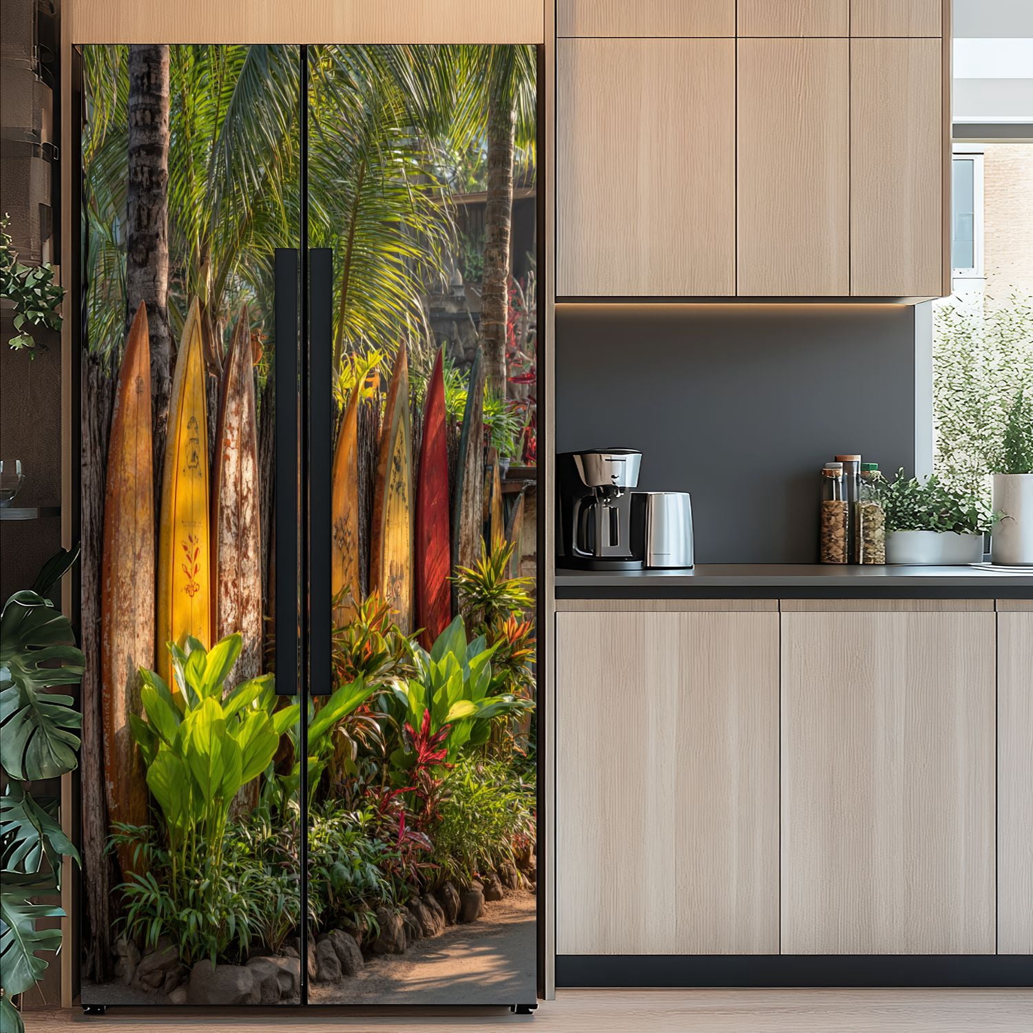 Self Adhesive Vinyl Refrigerator Wrap Set Surfboard fence Maui front Door Mural Removable Fridge Sticker Peel and Stick&nbsp;Full Door Cover Decal Kitchen Bar Decor