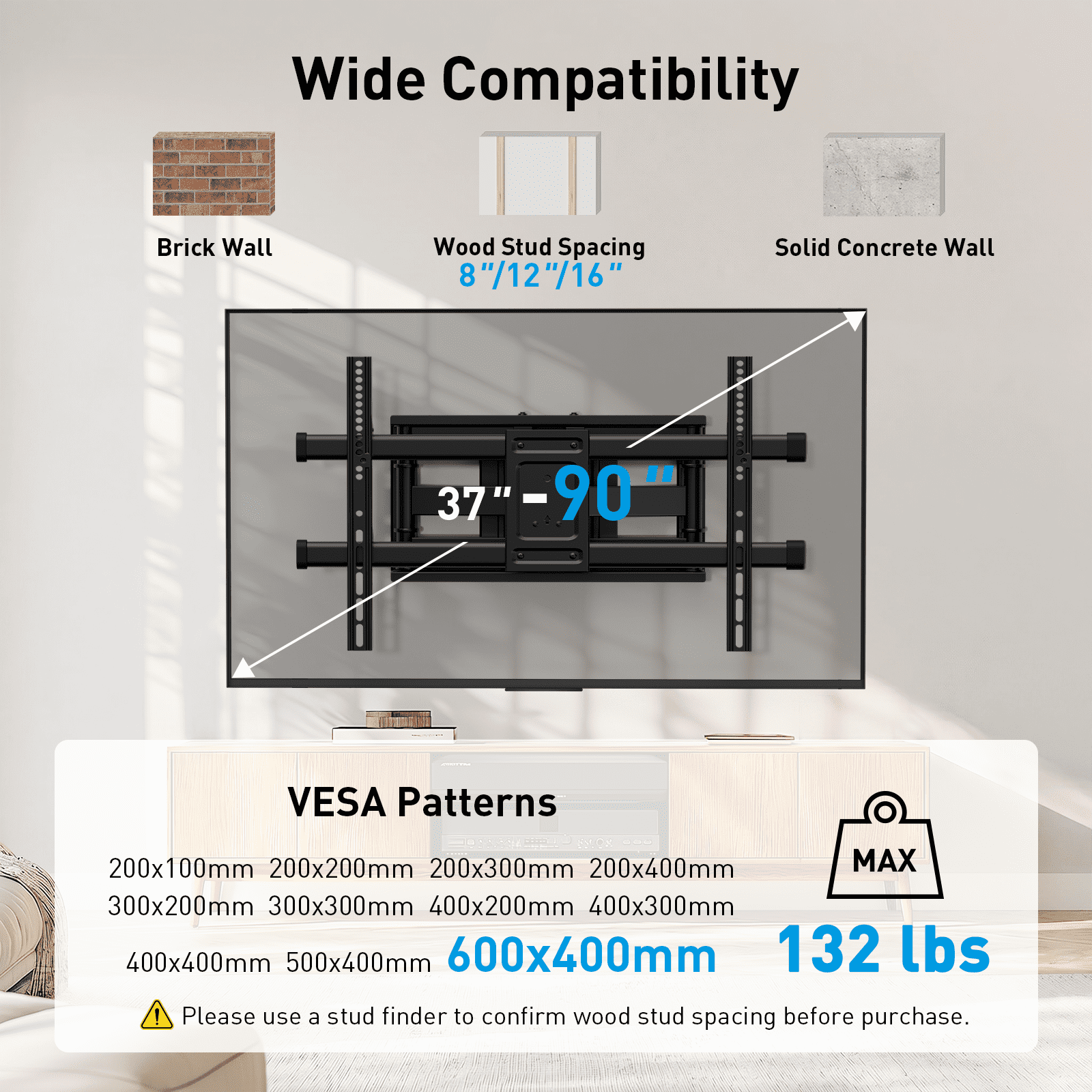 MountFTV Full Motion TV Wall Mount Bracket for 37"-90" TVs, Holds up to 132 lbs, Max 600x400mm, Fits 8″/12″/16″ Wood Studs