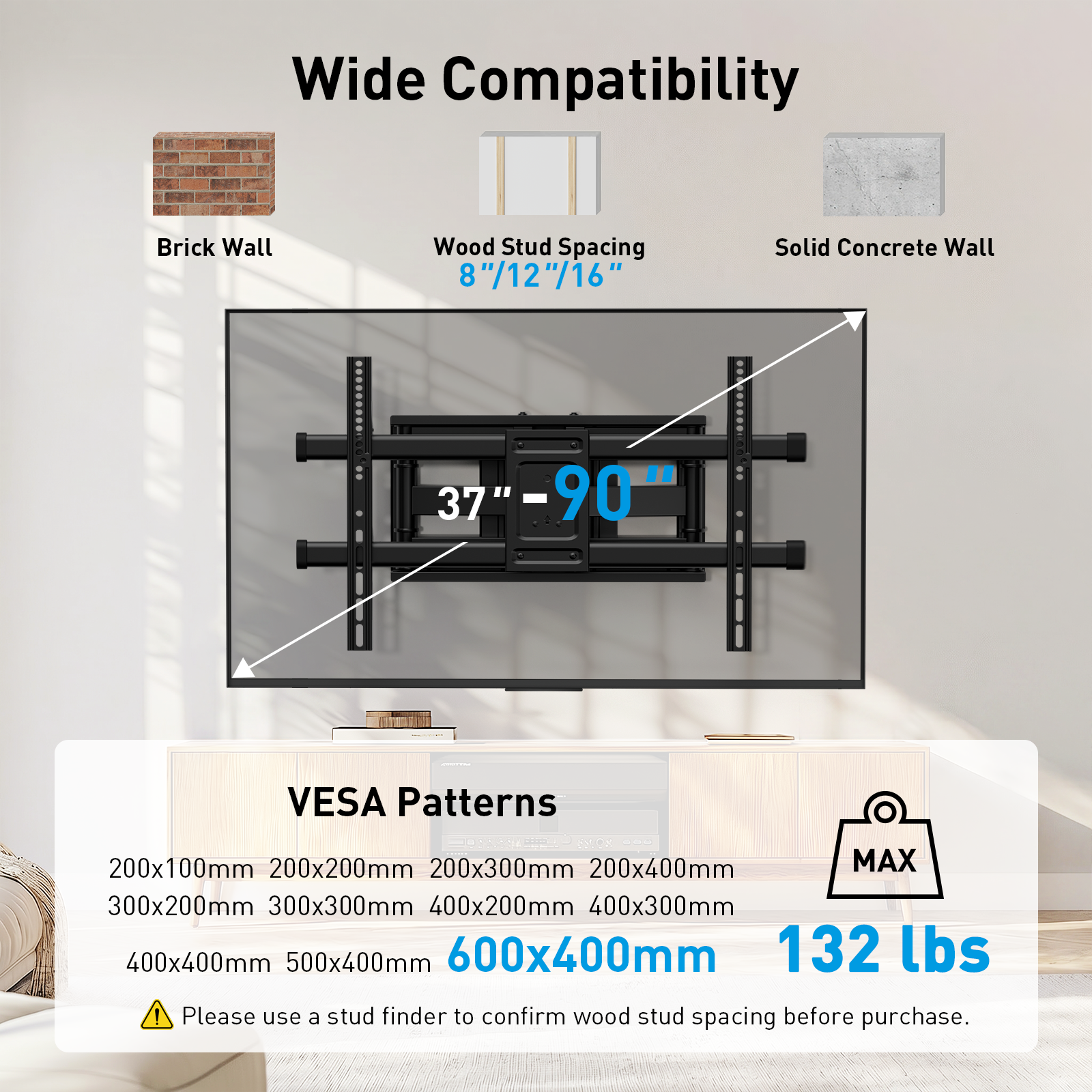 MountFTV Full-Motion TV Wall Mount for 37-90 Inch TVs, 132lb photo 2