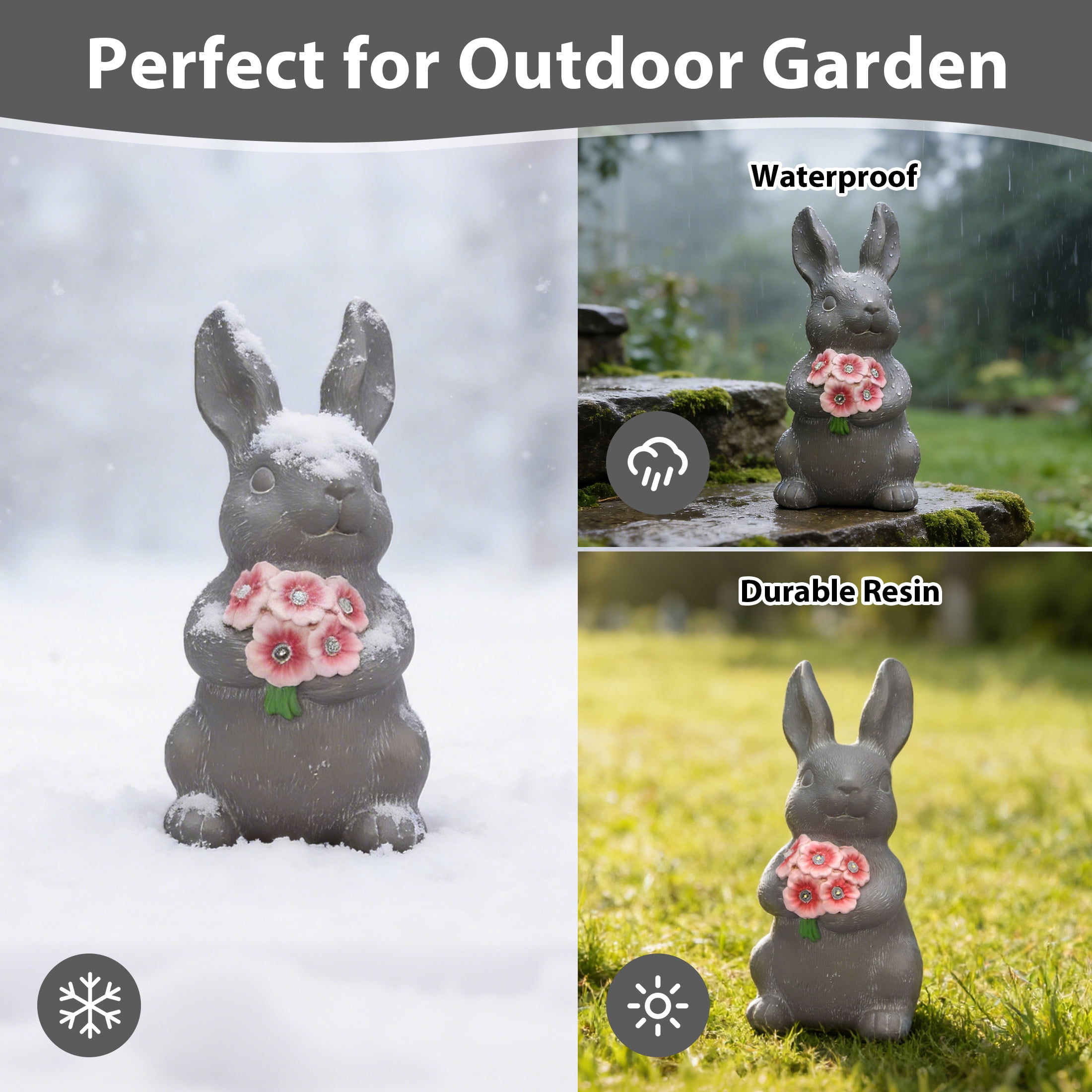 The Growing Ground Solar Bunny Garden Statue with LED Light, Resin Garden Decor for Patio, Lawn, Gray and Pink