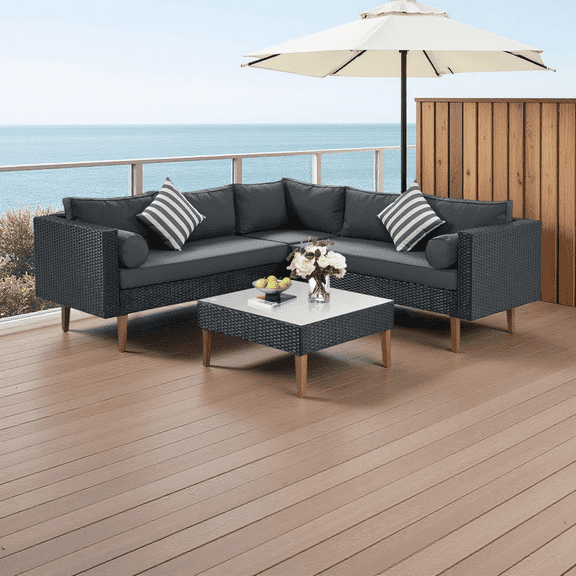 4-Piece Outdoor Wicker Sofa Set, Patio Furniture L-Shape Sectional with Colorful Pillows, Gray Cushions and Black Rattan, for Garden Backyard