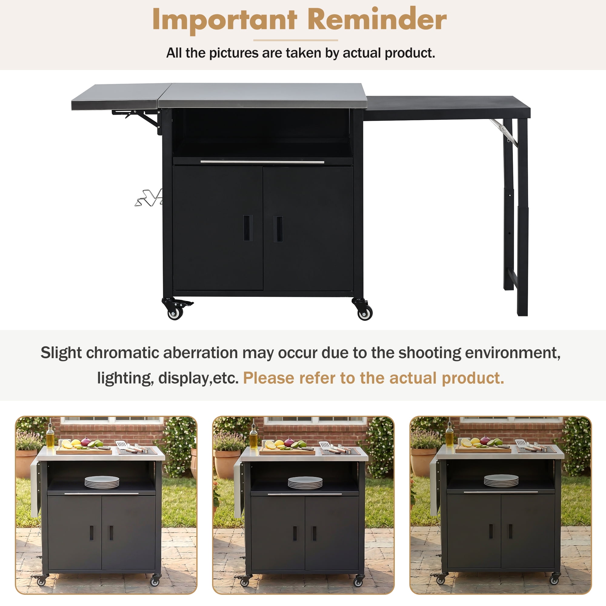 Foldable BBQ Prep Cart, Outdoor Patio Dining Serving Cart with Trash Rack for Backyard, Black