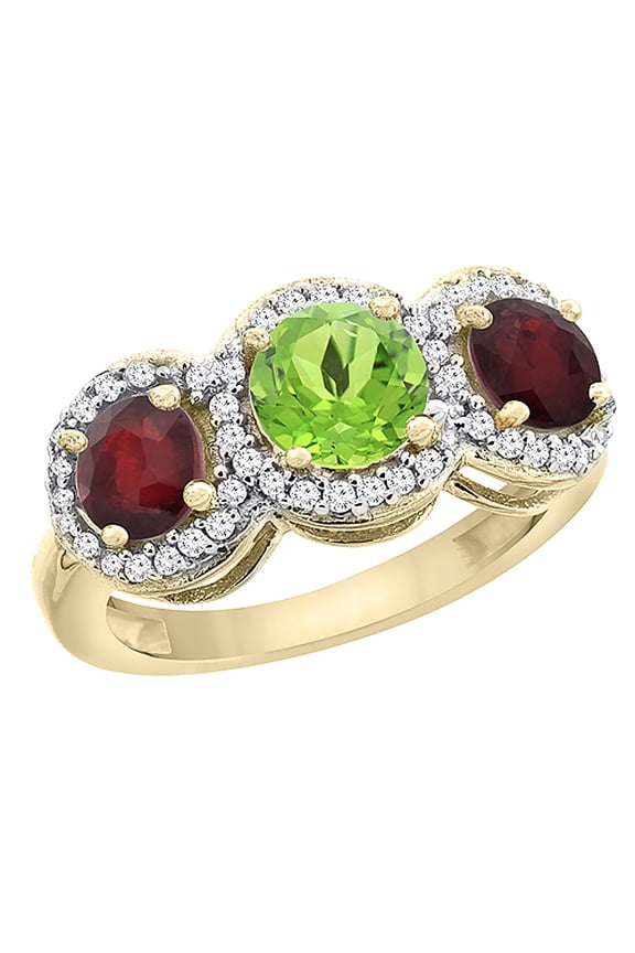 14K Yellow Gold Natural Peridot & Enhanced Ruby Sides Round 3-stone Ring Diamond Accents, size 6.5