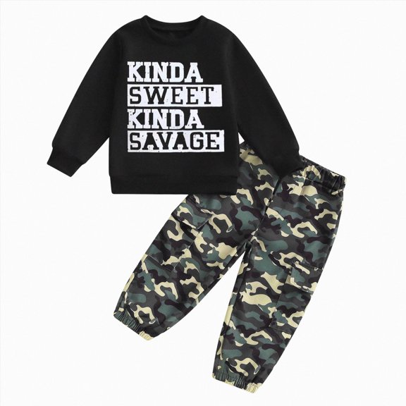 Quealent Toddler Baby Boy Fall Clothes Long Sleeve Pullover Sweatshirt Tops Camouflage Pants 2Pcs Letter Print Outfit Set (Camouflage, 12-18 Months)