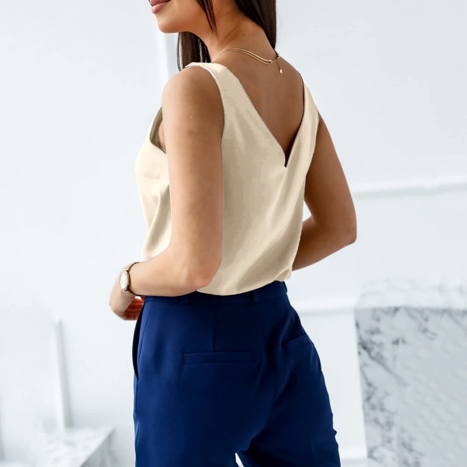Rigardu Tank Tops For Women V Neck Silk Summer Satin Sleeveless Blouse Basic Camisole Shirts Beige+L
