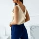 thumbnail image 4 of Playeras,Blusas y Tops,Ropa para Mujer Tallas grandes Camisetas sin mangas para mujer, blusa sin mangas de satén de seda con cuello en V para verano, camisola básica (Beige, XXL), 4 of 6