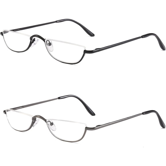 GJX Half Reading Glasses - 2 Pairs Half Rim Metal Frame Glasses Spring Hinge Readers for Men and Women, Black Gunmetal 2.50
