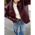 thumbnail image 5 of Women's Leather Jacket Long Sleeve Zipper Faux Oversized Coats Fall Fashion Outfits Winter Clothes Wine Red M, 5 of 10