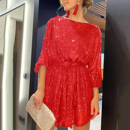 Black and Friday Deals 50% Off Clear! YOTAMI Women's Dresses Fashion Crewneck Sequin Long Sleeve Solid Mini Dress Party Dress Formal Dress S Red Vacation