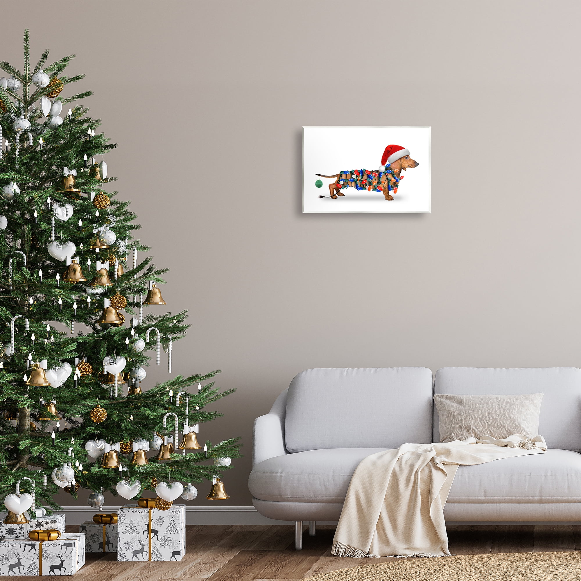 Stupell Industries Christmas Lights Wrapped Dog Holiday Painting Unframed Art Prints Wall Art, 19 x 13