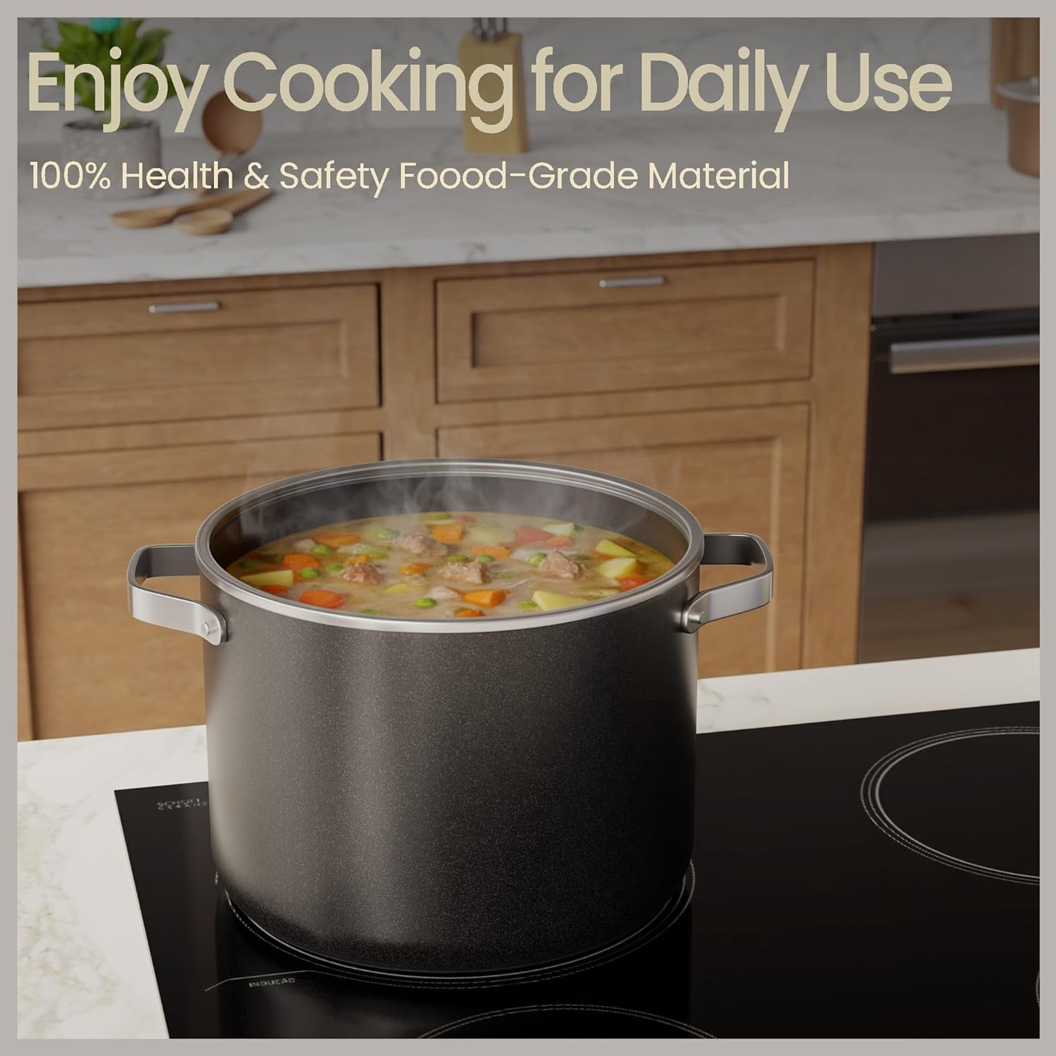 Bakken 12.5 Quart Ceramic Coated Stock Pot with Glass Lid, Nonstick, Oven Safe to 500°F, Stainless Steel Handles, All Stove Compatible, Black