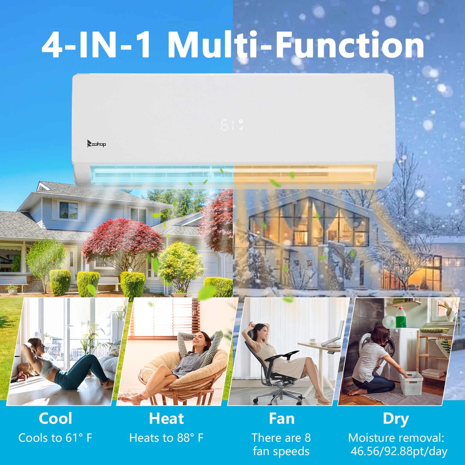 Ktaxon 3 Zone 9000 + 9000 + 18000 BTU WIFI Mini Split AC/Heating System, 19 SEER Tri Zone 27000 BTU Ductless Split Air Conditioner with Pre-Charged Condenser, Heat Pump & 25Ft Line Set, 208-230V