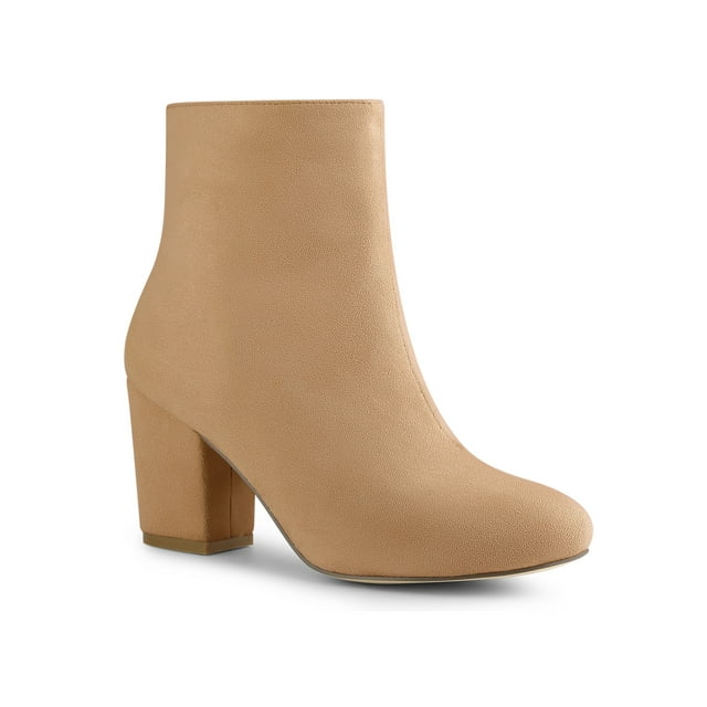 BLISSFUL STEP Bottines à Talon Bloc à Bout Rond pour Femmes avec Fermeture Éclair Latérale Kaki 8