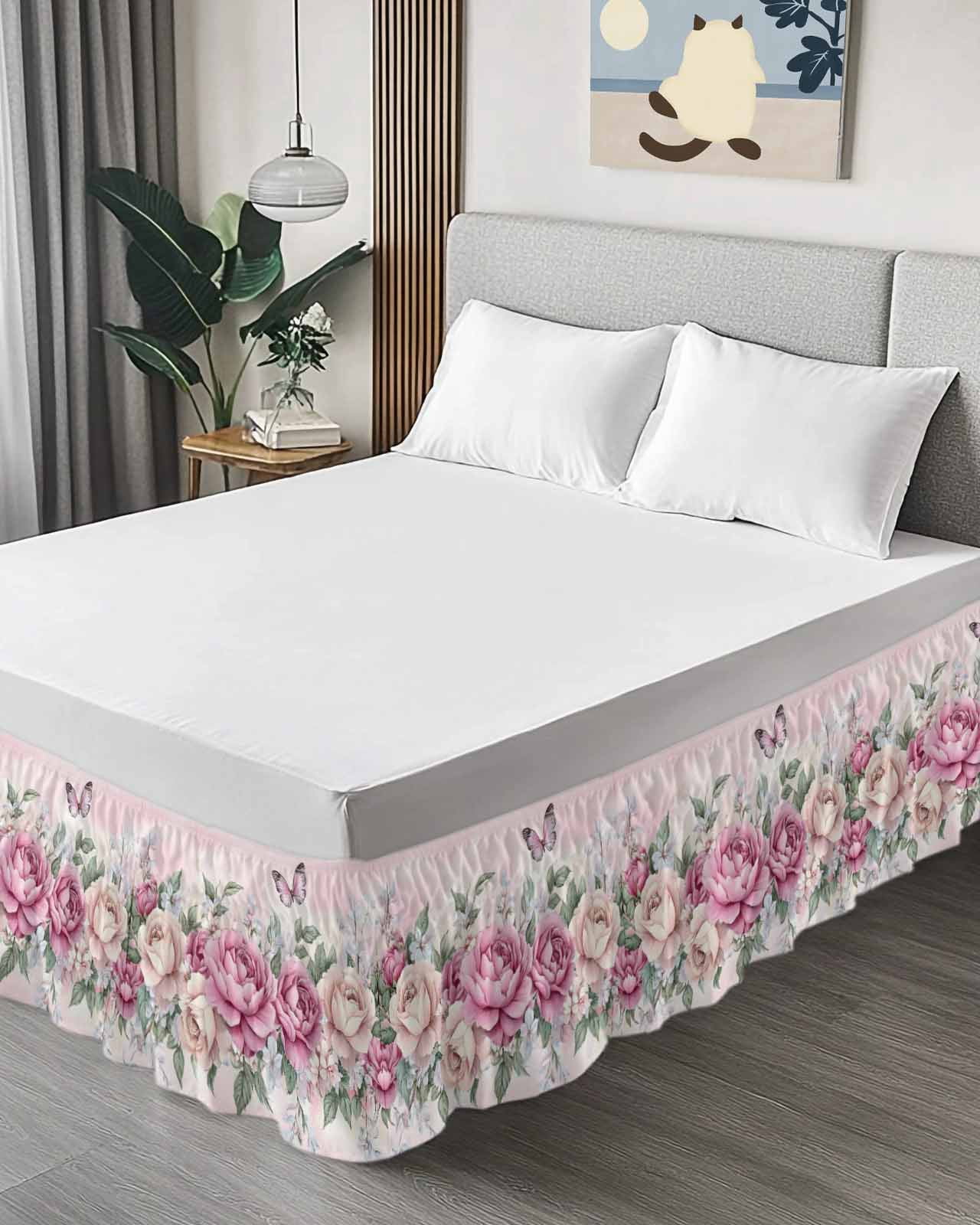 Watercolor Pink Floral Wrap Around Bed Skirts for Queen Bed 18" Drop,Bed Skirt with Adjustable Elastic Belt Dust Ruffle Bed Valance for Bedroom Hotel Spring Romantic Roses Butterfly Bed Frame Cover