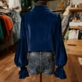 thumbnail image 7 of Karight Women's Velvet Button-Down Blouse Lantern Sleeves Lapel Neck Tunic Renaissance Elegance Loose Fit Ruffle Dressy Casual Top, 7 of 7
