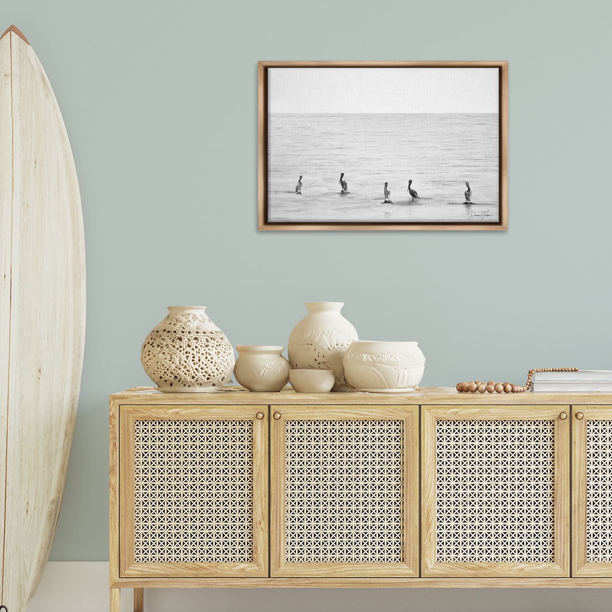 Stupell Industries Pelicans on Shore Landscape Photography Brown Floater Framed Canvas Art Print Wall Art, 31 x 21