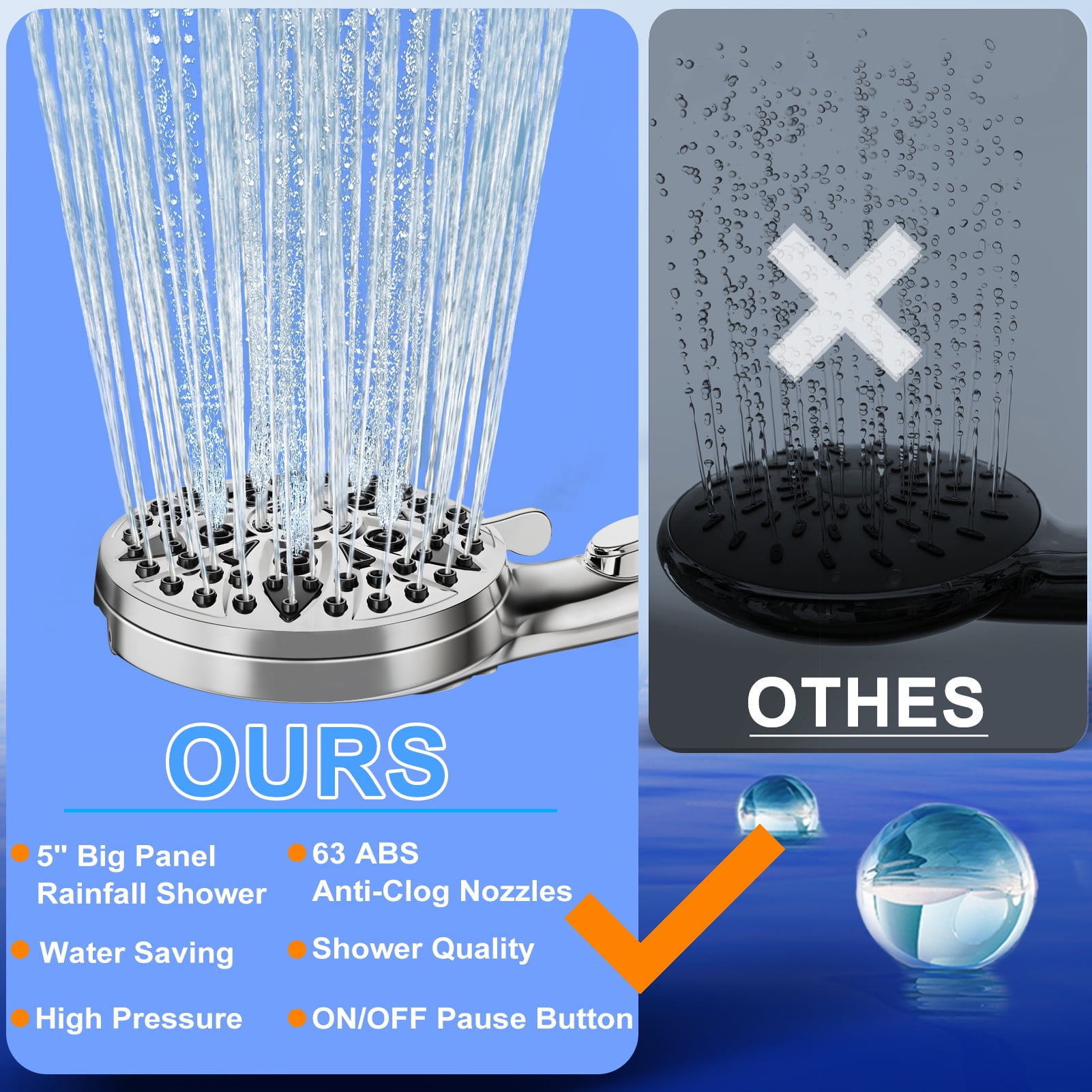 Shower Head - 9-Mode High Pressure Handheld Shower Head with Water Stop Button, Shower Head with Ultra-long Stainless Steel Hose, 9 Spray Settings