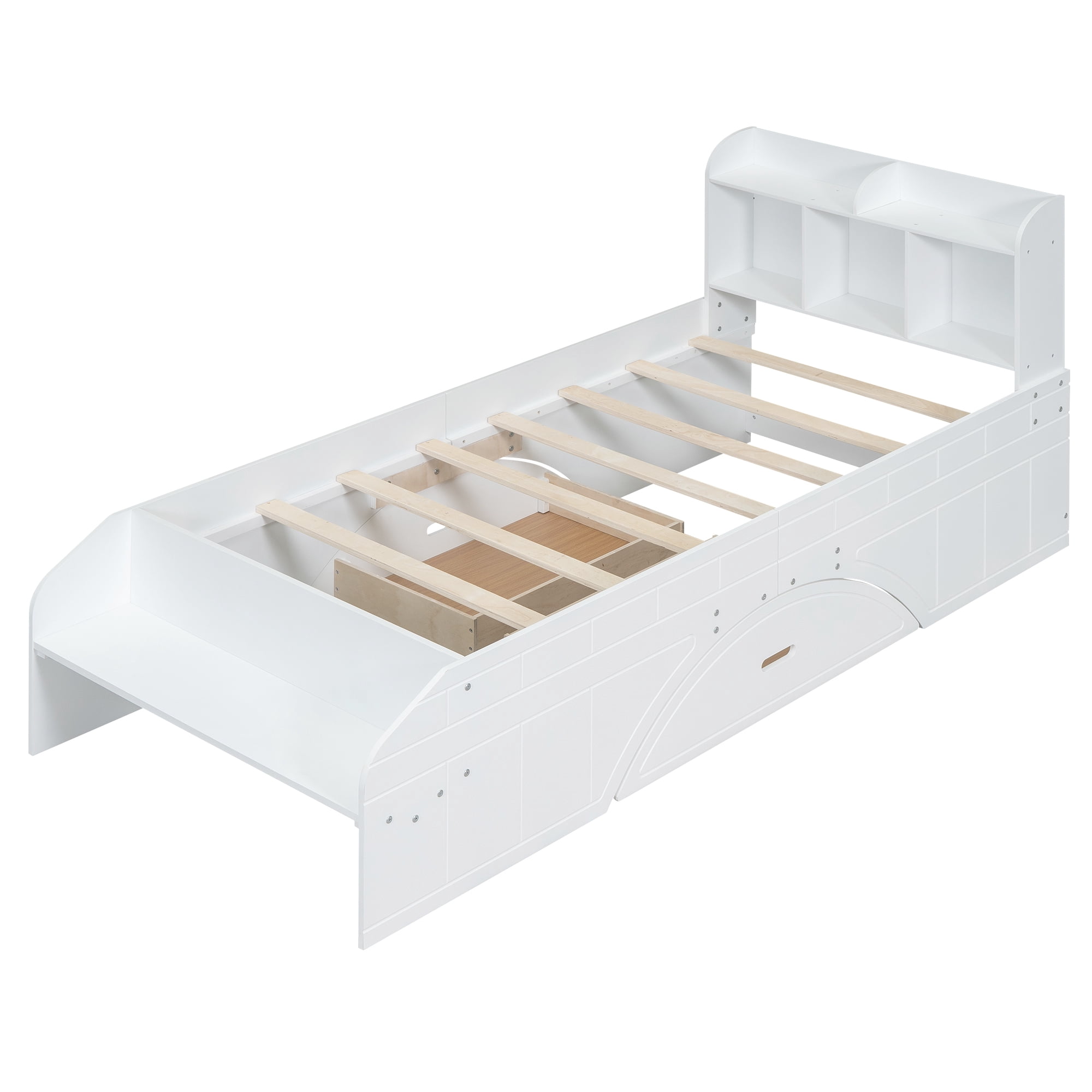 Euroco Pine Wood Storage Platform Bed with 2 Drawers and Shelves, Twin Size for Kids Teens, Green