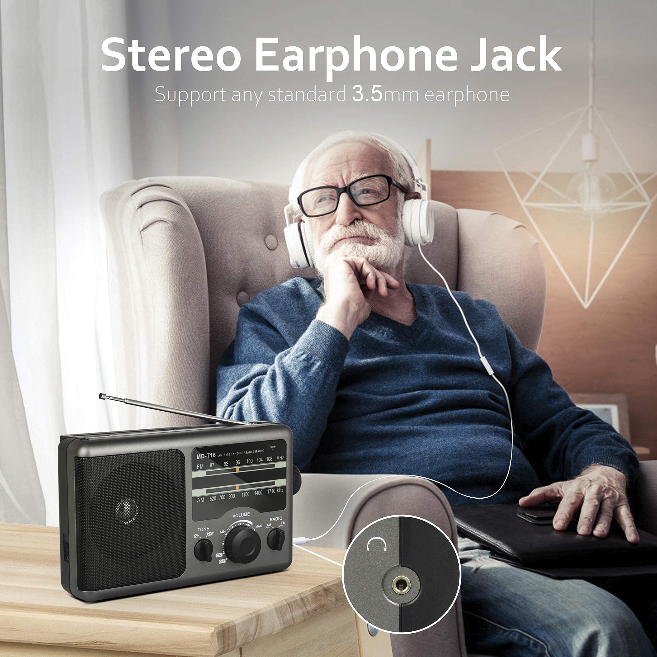 Jazmm AM FM Portable Radio, Large Knob Easy Operated, Portable Transistor Radio, AC/Battery Dual Power  for Senior, Elderly