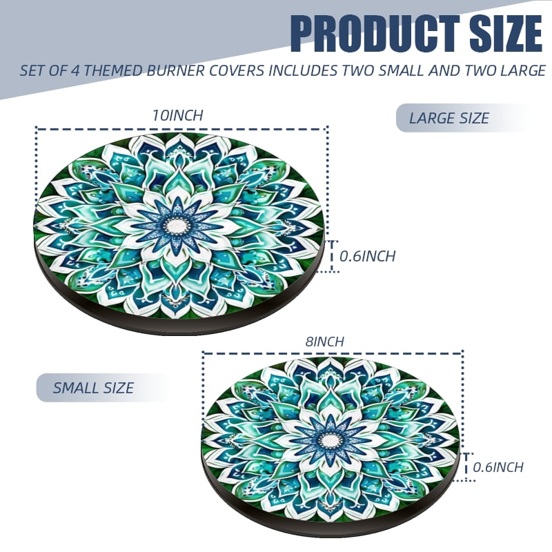 Kitchen Stove Burner Covers for Electric Stove, Teal and White Floral Mandala Pattern 4 Pack Round Oven Burner Covers for Kitchen, 8 Inches and 10 Inches